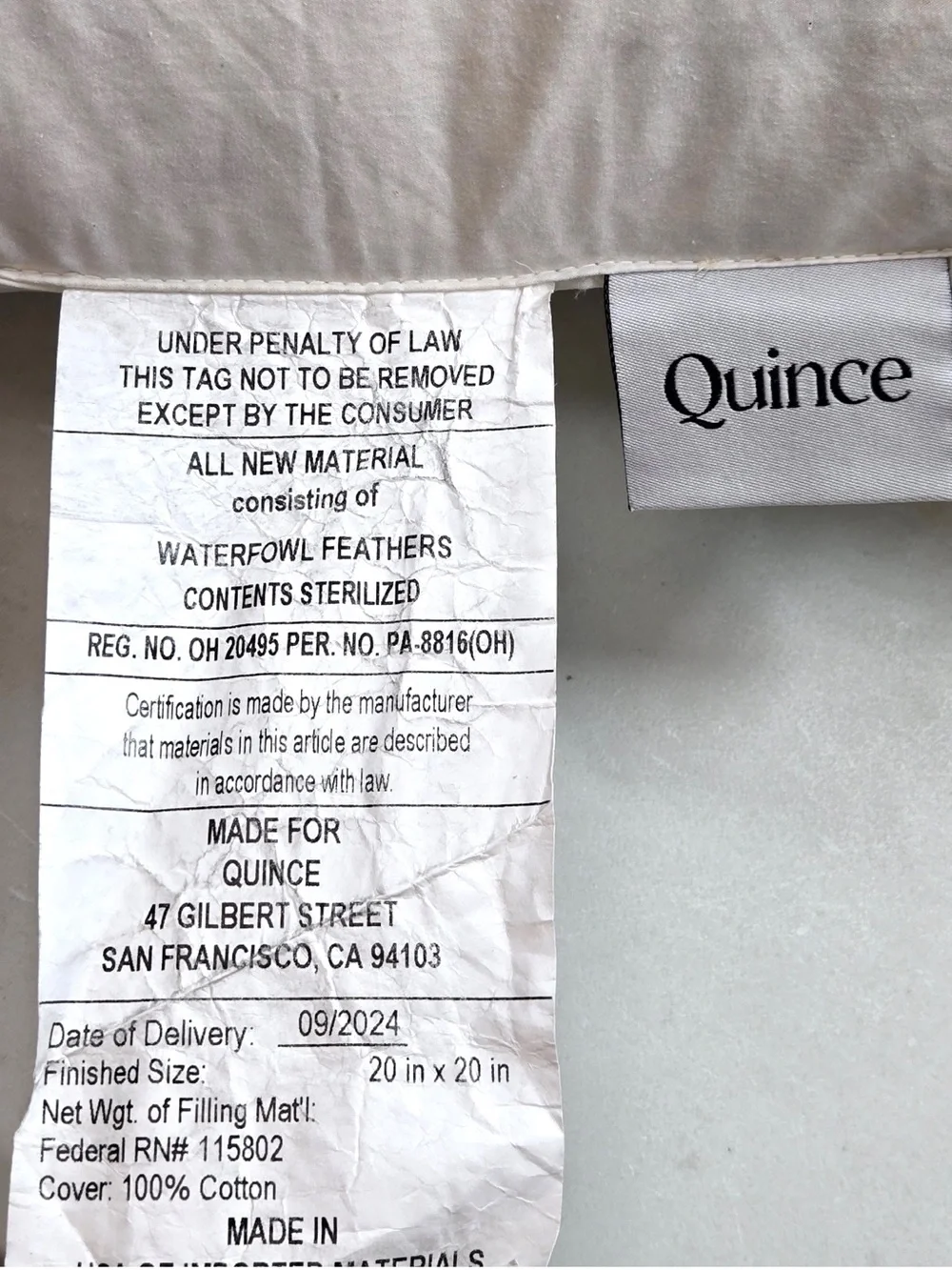QUINCE Set Of 2 20x20 Premium Feather Pillow Inserts 9859